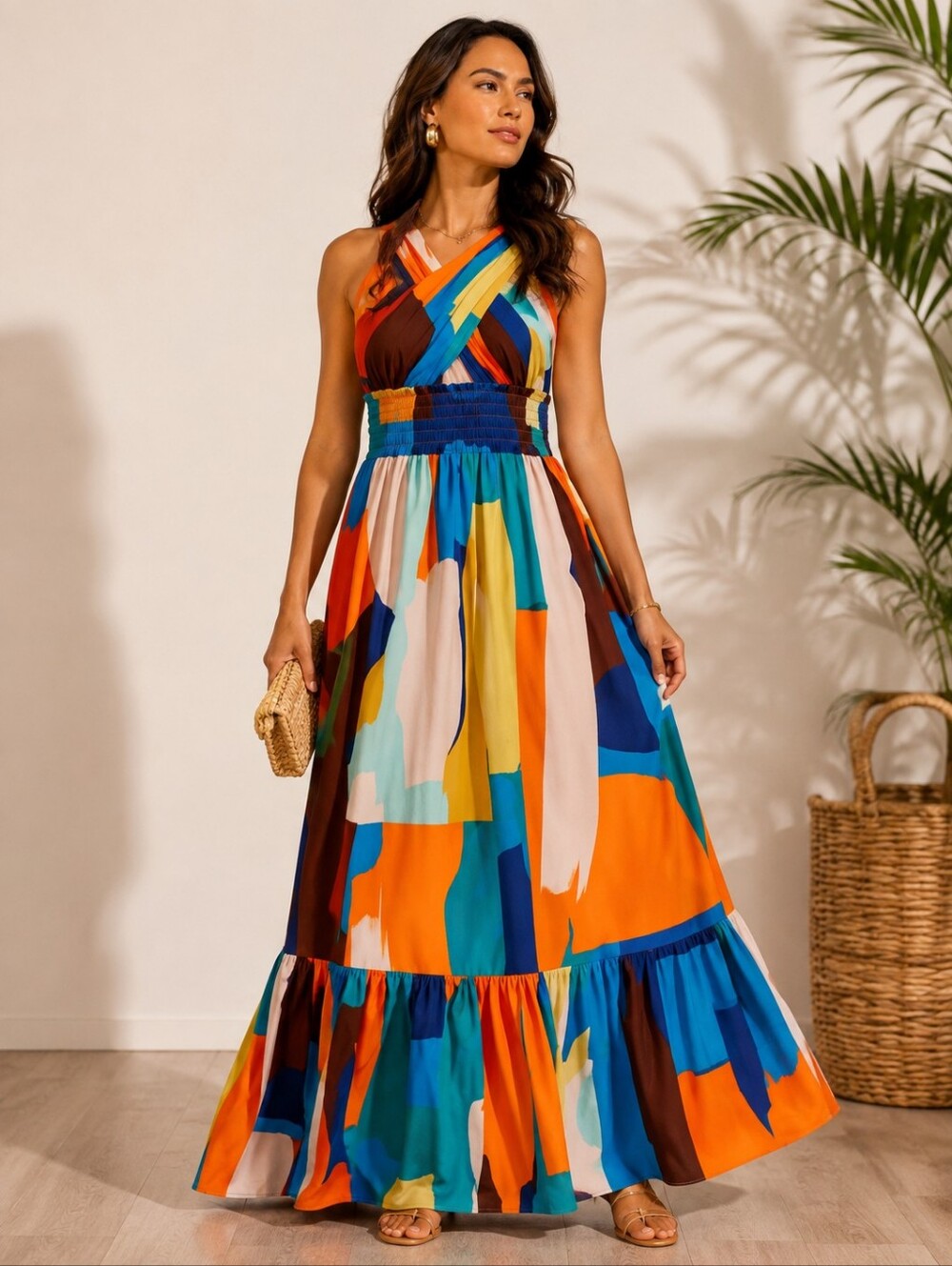 Collection by Cezele Abstract Colorblock Halter Maxi Dress Size L